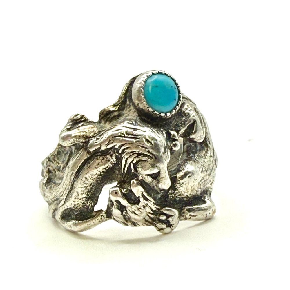 Vintage Navajo Sand-Cast Sterling Silver Ram Ring with Turquoise Size 8.5